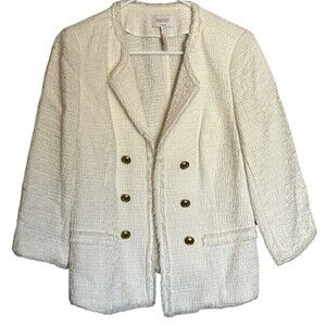 Laundry By Shelli Segal Blazer Women's 10 White Ivory Fringe Open Gold Buttons